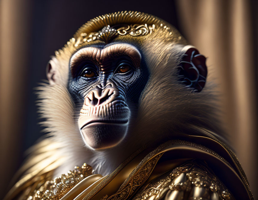 Regal monkey in golden headwear and clothing on dark backdrop