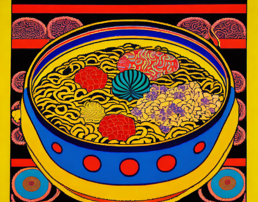 Colorful Floral Designs on Circular Bowl Against Striped Background