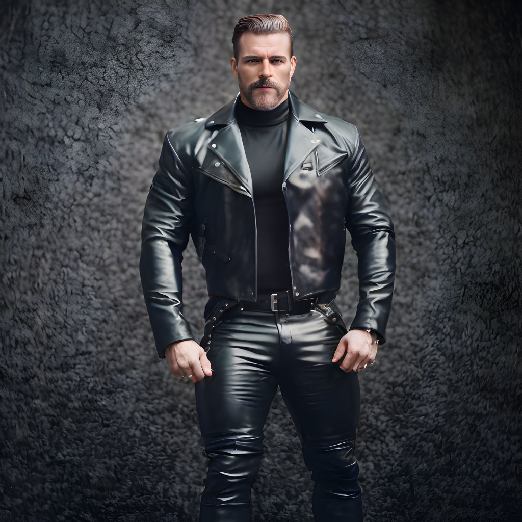 Confident man in leather jacket and slicked-back hair on dark background