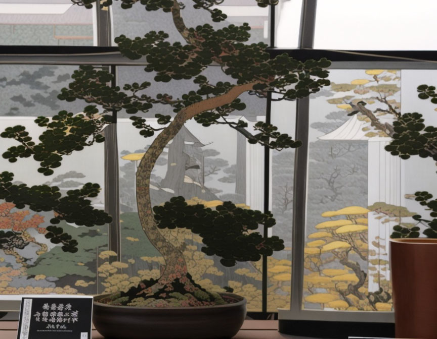 Bonsai tree in front of Japanese landscape folding screen