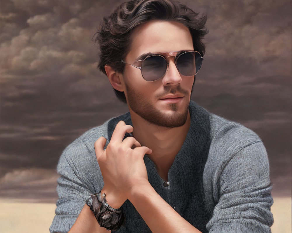 Man in sunglasses and wristwatch against cloudy sky, in gray sweater.