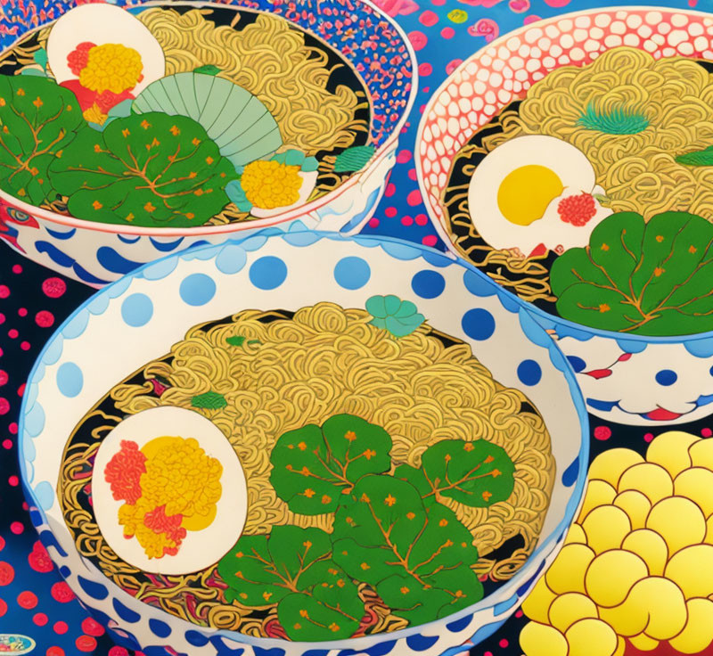 Ornate bowls with stylized noodle dishes and yellow spheres on blue background