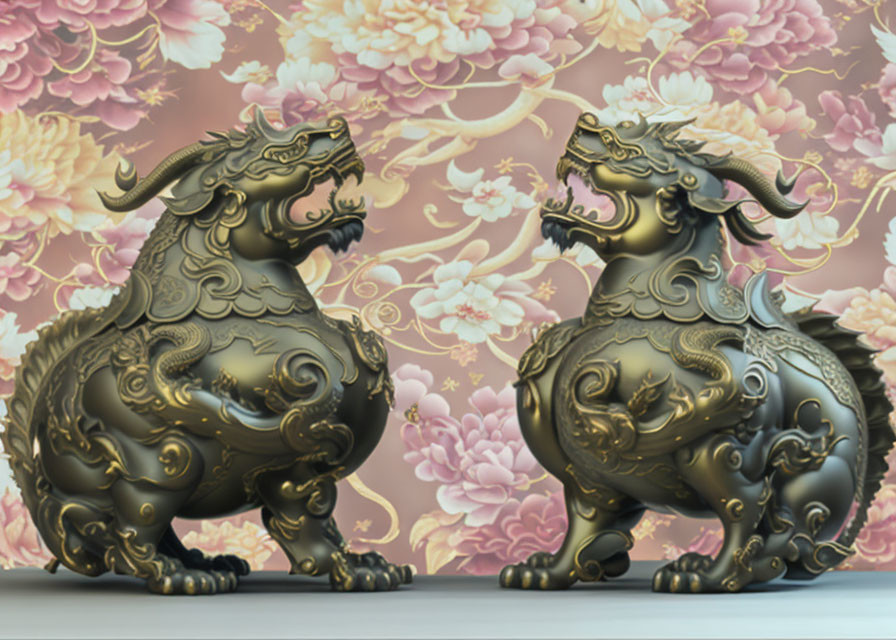 Bronze dragon sculptures on floral pattern background