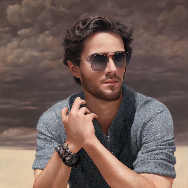 Man in sunglasses and wristwatch against cloudy sky, in gray sweater.