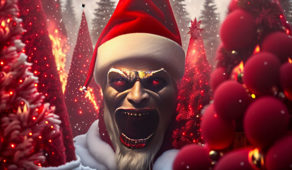 Sinister figure with glowing eyes in Santa hat on dark Christmas background