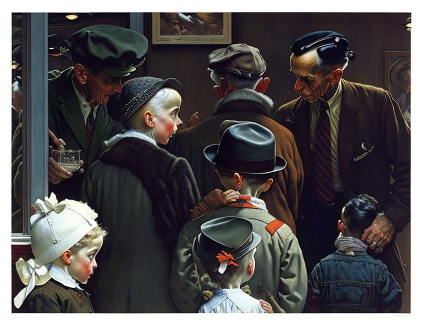 Group of people painting: Older men, woman, young child with elderly man wearing headphones