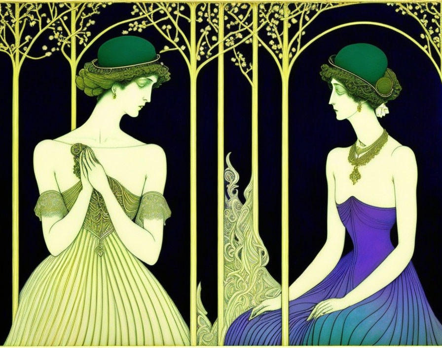 Art Nouveau Style Illustrations of Elegant Women in Elaborate Dresses