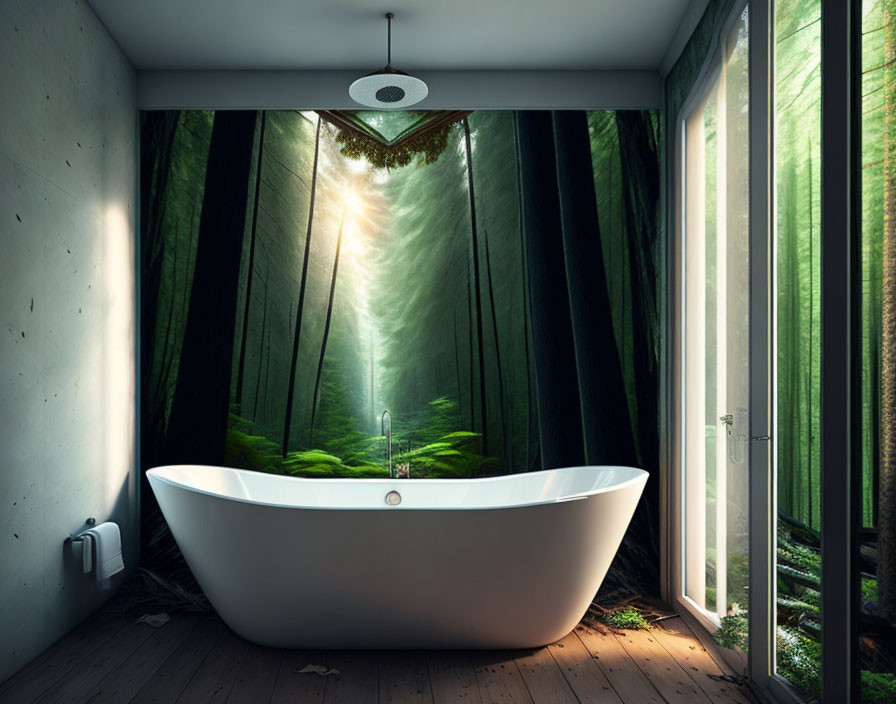 Serene forest scene on walls with modern bathtub and open door