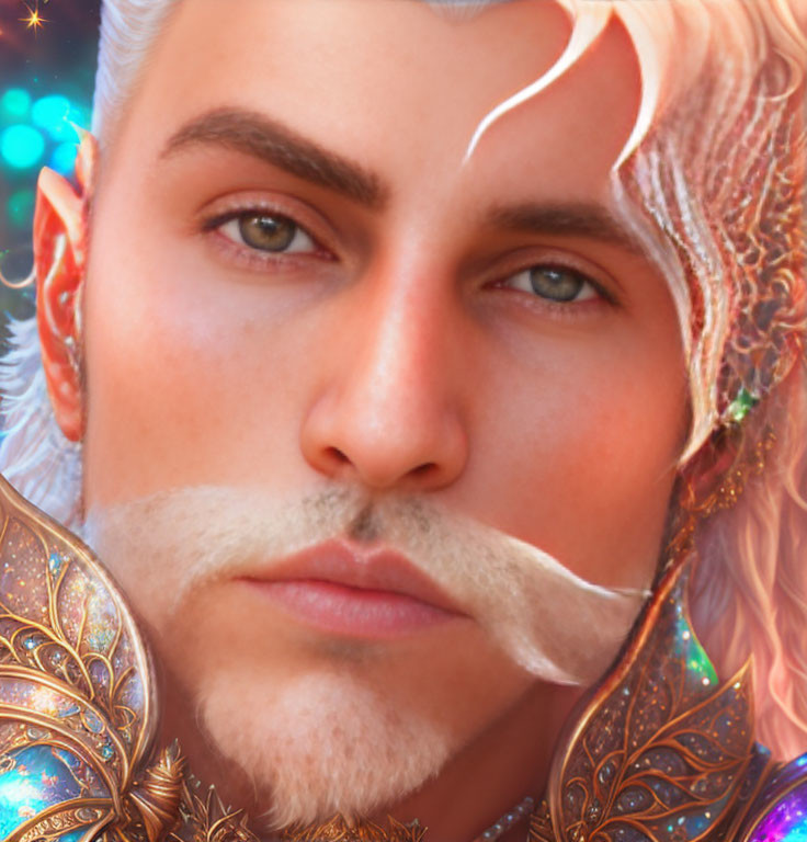 Fantasy character with silver hair, blue eyes, white mustache, and golden armor