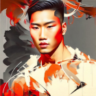 Asian man digital artwork with abstract red and white shapes