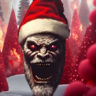 Sinister figure with glowing eyes in Santa hat on dark Christmas background