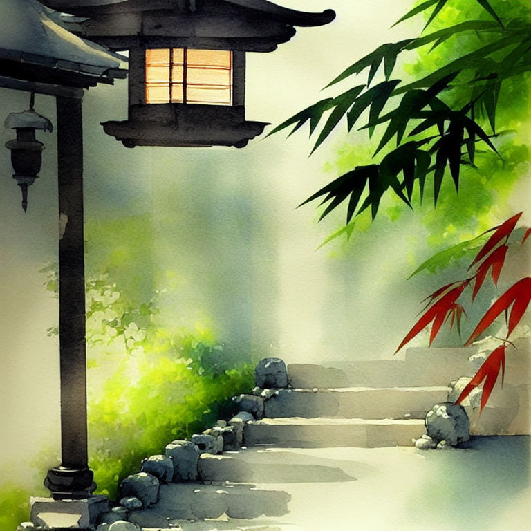 Tranquil watercolor painting of lantern on stone steps amid lush greenery