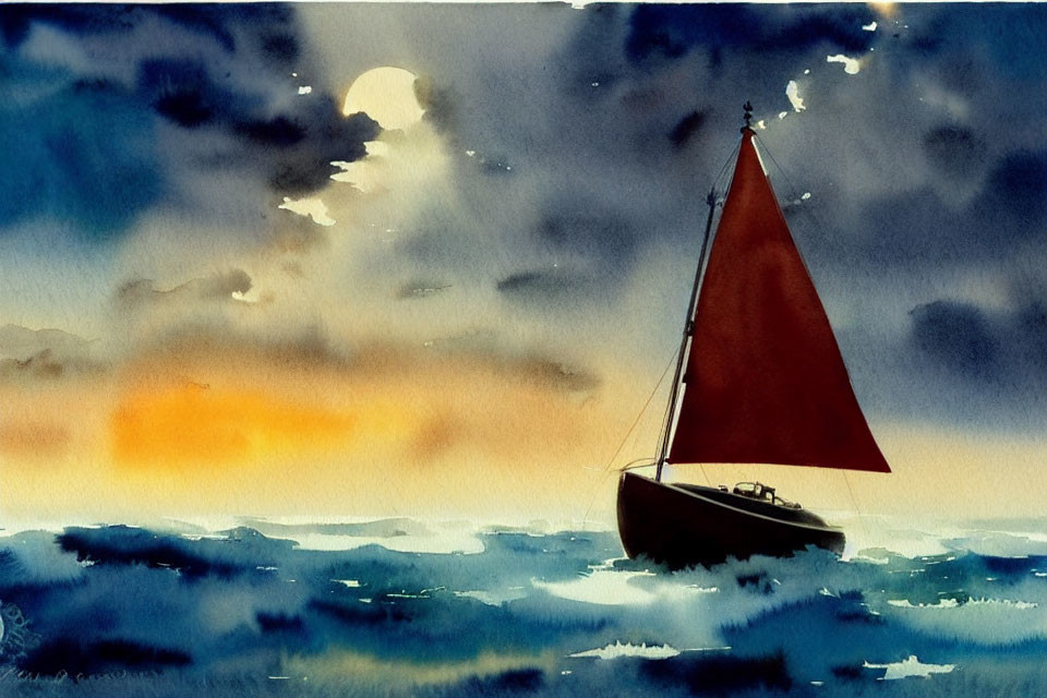 Red sail sailboat on serene moonlit sea with sunset hint