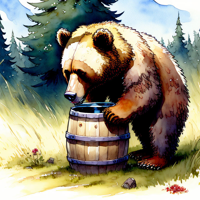 Bear drinking from barrel in woodland with pine trees