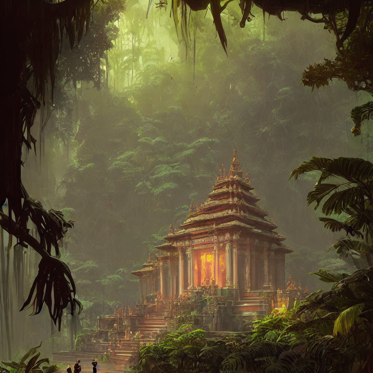 Ancient temple in misty jungle with warm light