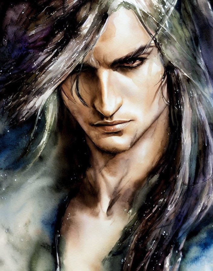 Brooding man with dark hair and intense eyes in watercolor portrait