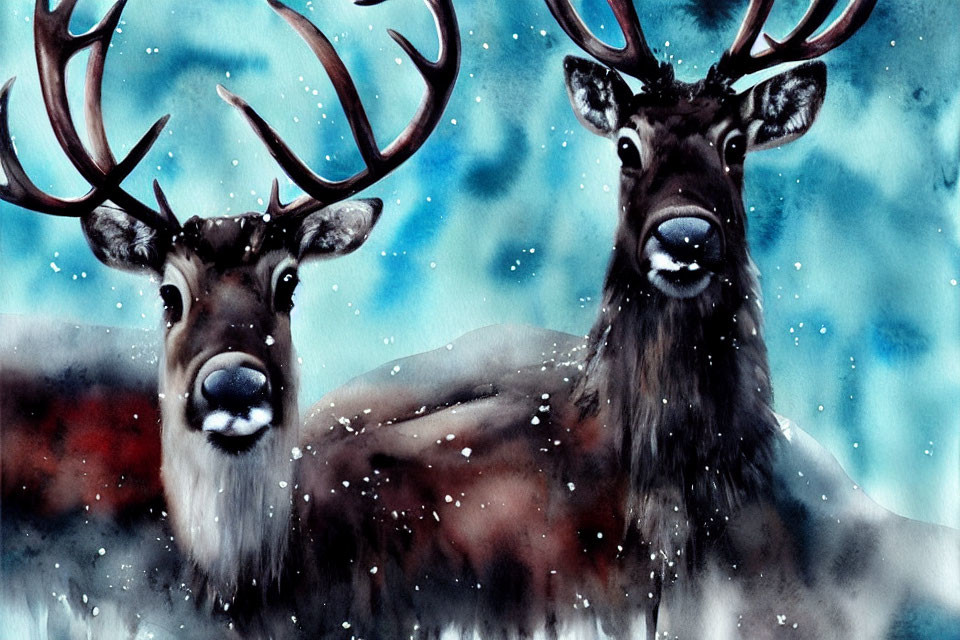 Illustrated stags with prominent antlers in snowy, misty blue backdrop