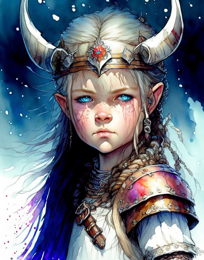 Fantasy female warrior illustration with pointed ears, white hair, horned helmet, teary blue eyes