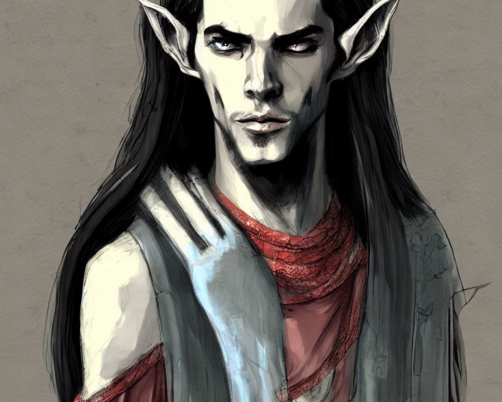 Detailed digital illustration of stern elf in red scarf and armor on grey background