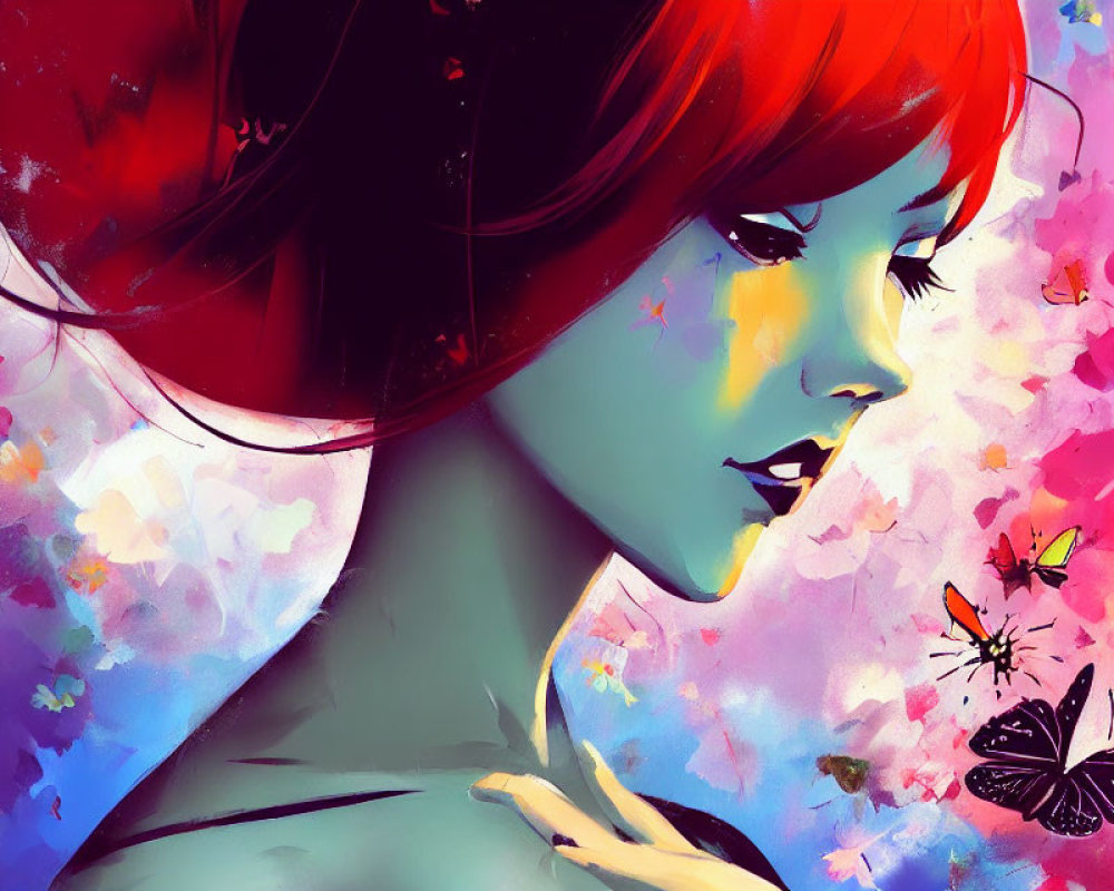 Vibrant Illustration of Woman with Red Hair and Floral Elements