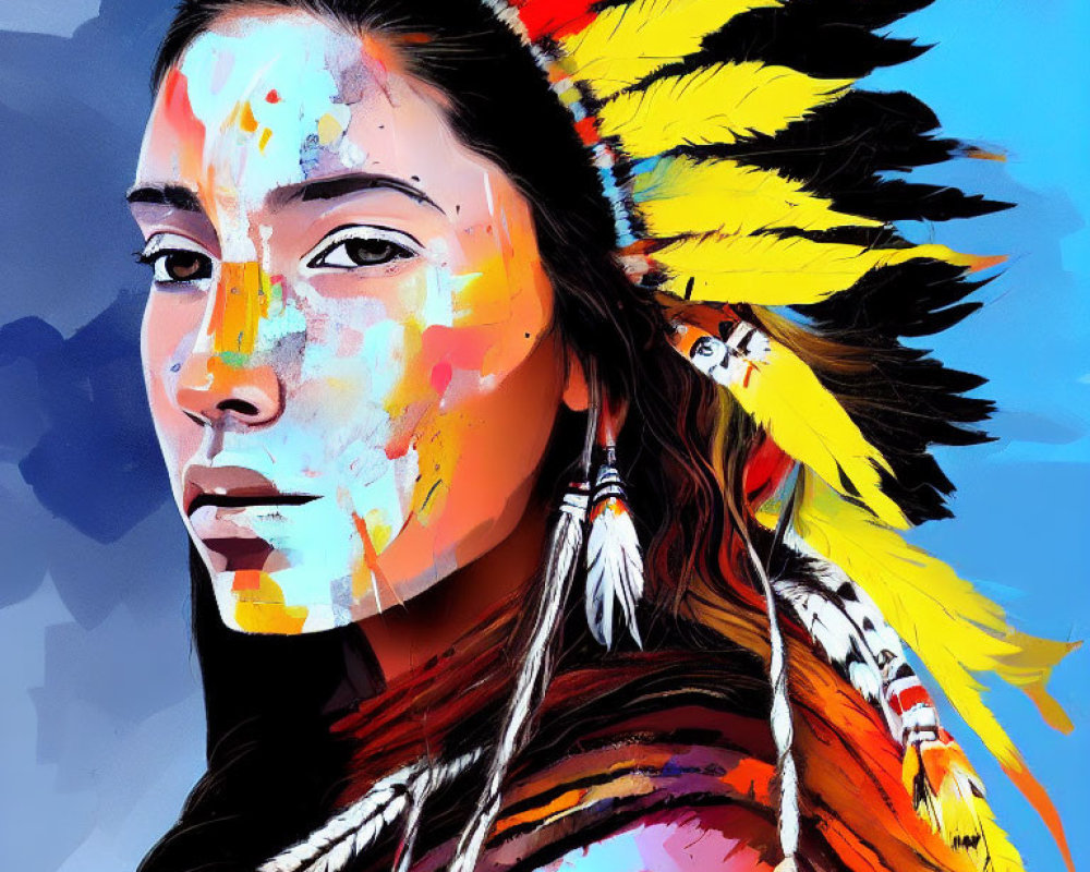 Serious woman in Native American headdress with yellow and red feathers