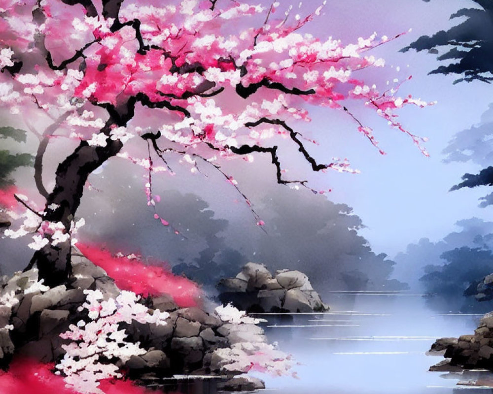 Pink Cherry Blossom Tree Over Tranquil Lake in Misty Landscape