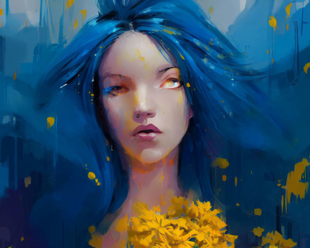 Portrait of a person with blue hair and yellow flowers on abstract blue and yellow background