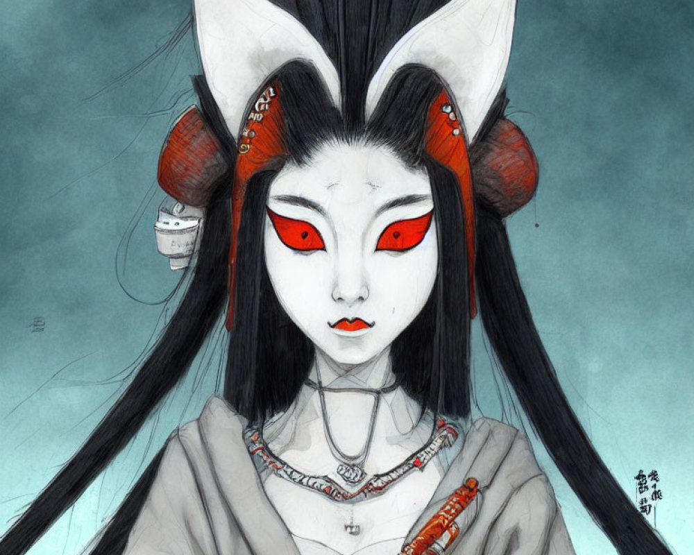 Character illustration: pale skin, elongated ears, white hair, traditional attire, red and white face