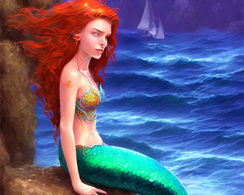 Red-Haired Mermaid with Green Tail on Rocky Cliff by the Sea