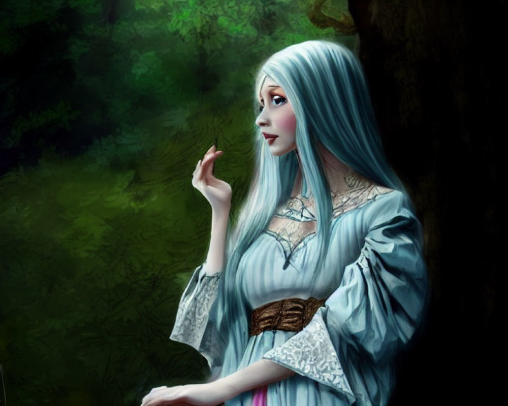 Blue-haired woman in medieval dress amid lush forest