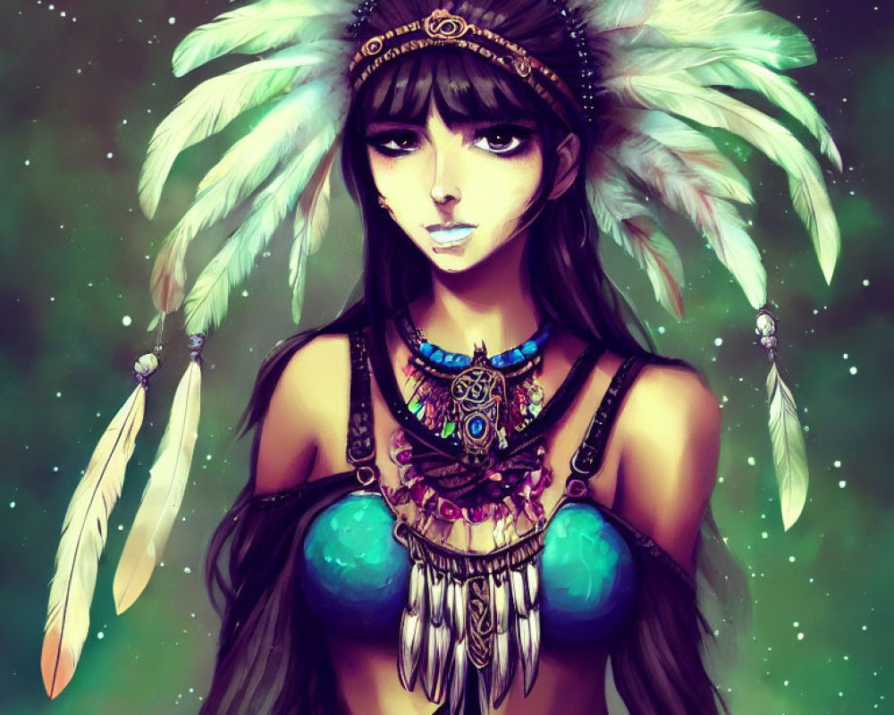 Illustration of person with long dark hair in tribal attire against starry backdrop