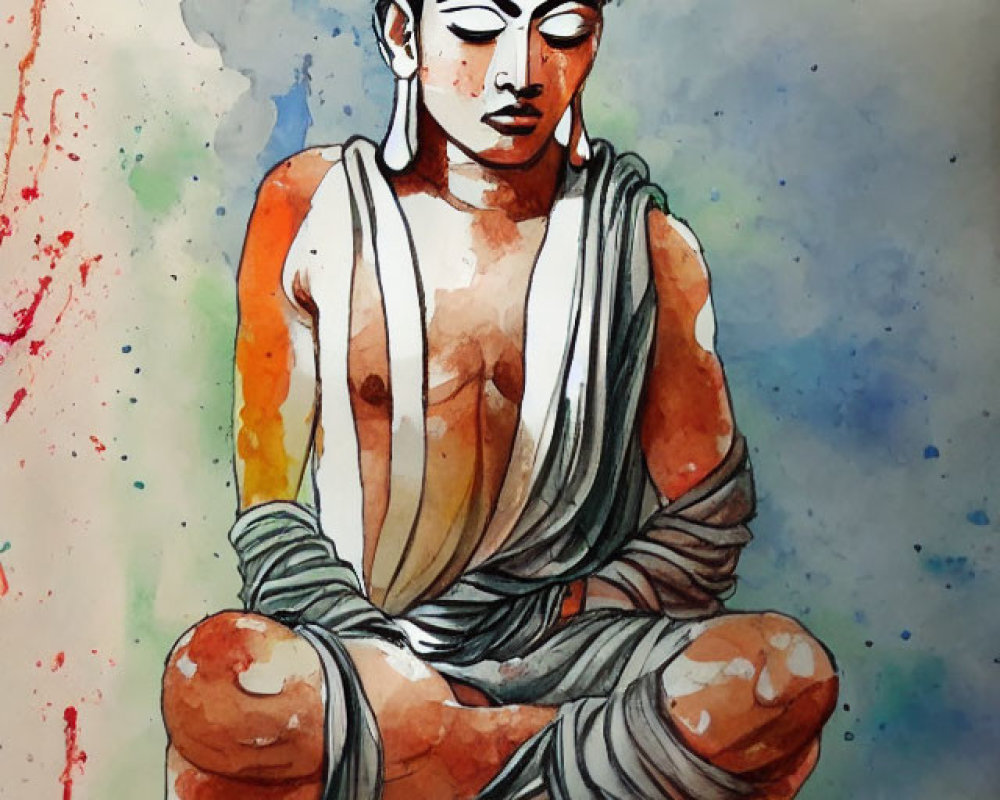 Seated Buddha figure in meditation with vibrant watercolor background