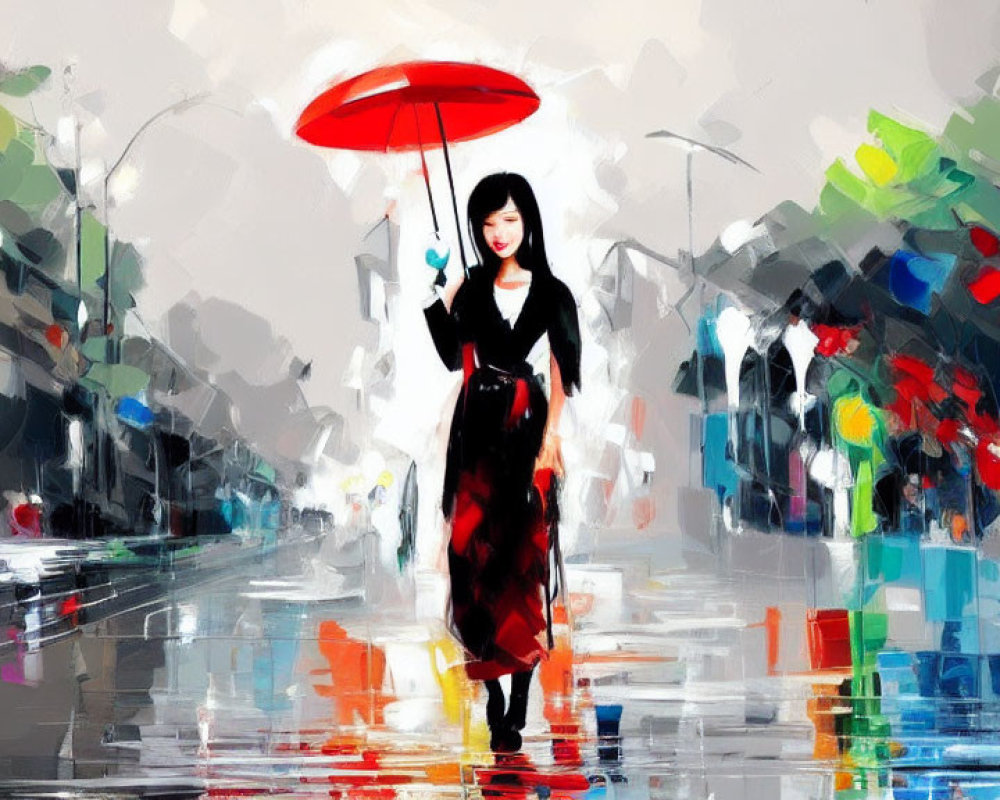 Black-haired woman in black outfit with red umbrella walking on colorful wet street