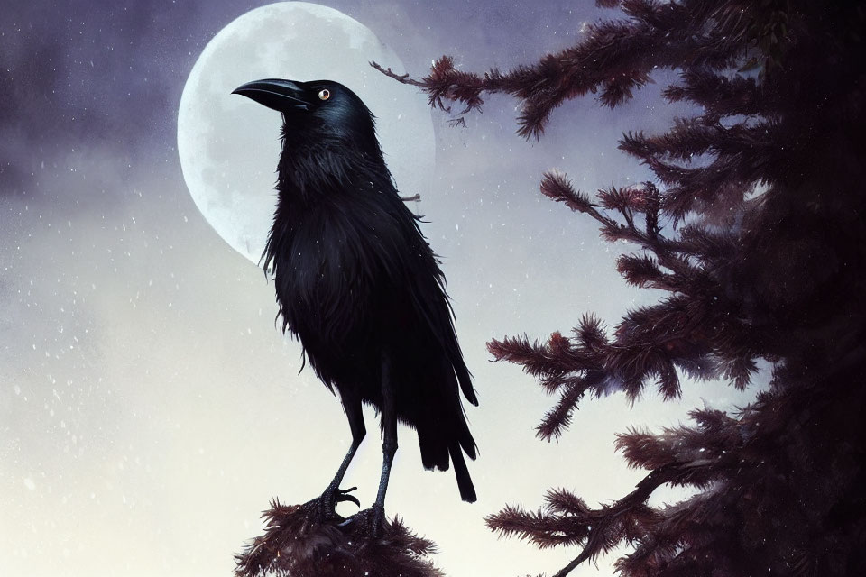 Raven perched on branch under full moon