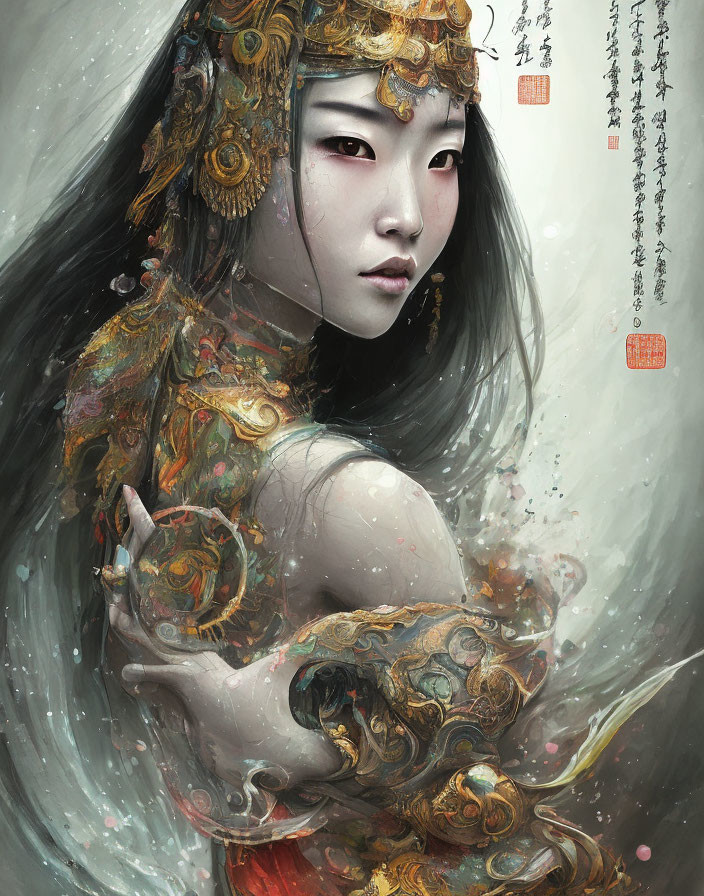 Traditional Asian female figure in gold attire surrounded by mist and vibrant colors