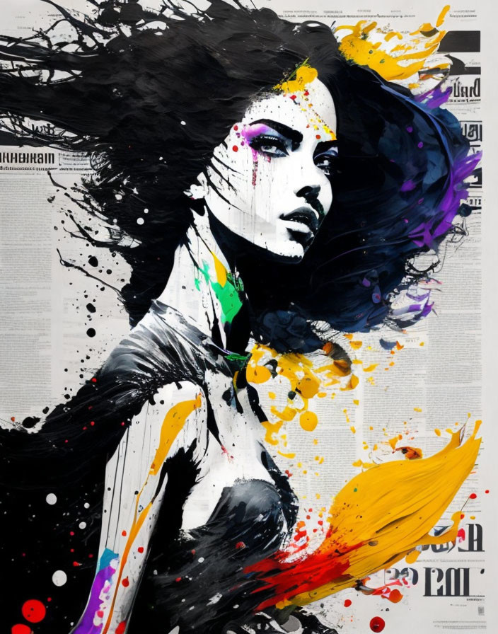 Vibrant color splashes on newspaper collage with woman and flowing black hair