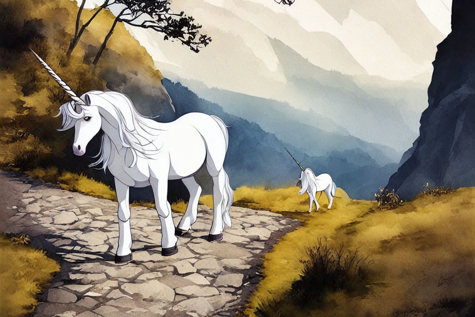 White unicorns with spiraling horns on stone trail in foggy mountain landscape