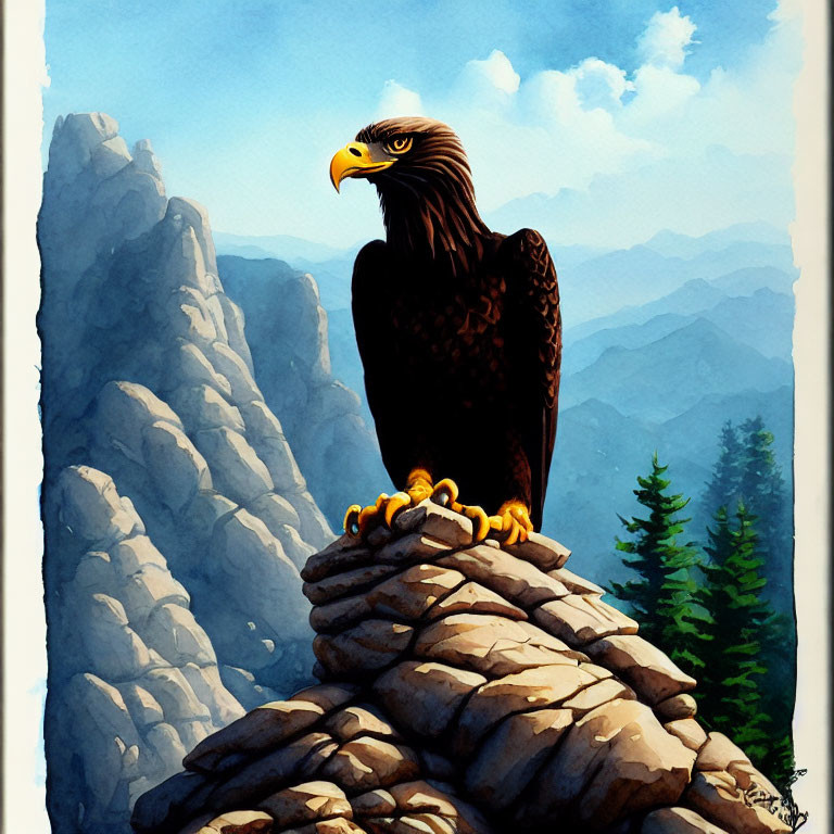 Majestic eagle illustration on rocky outcrop amid lush forests and mountains