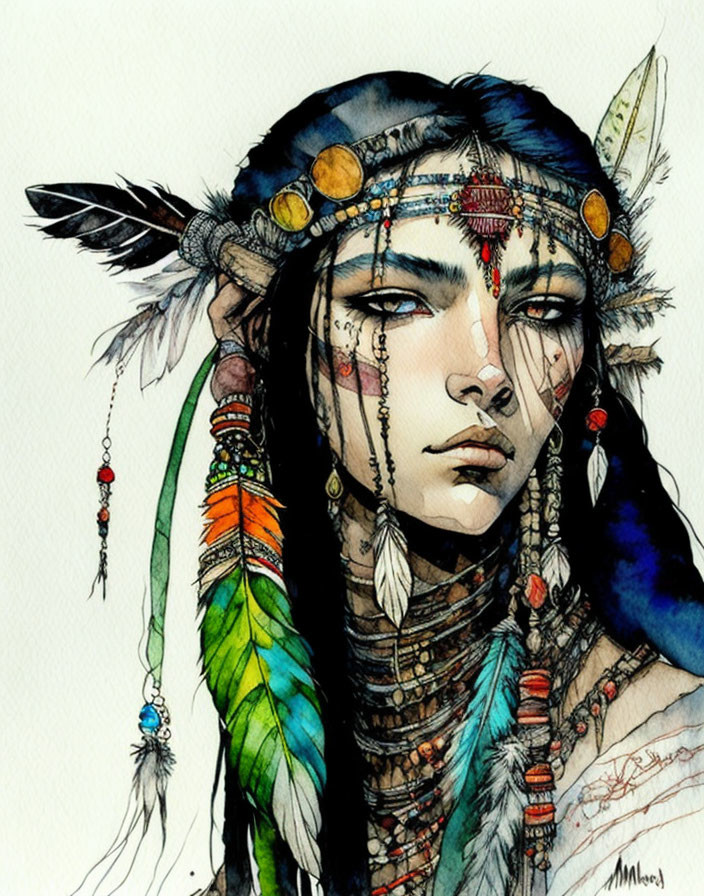 Indigenous attire watercolor illustration with feathered headdress