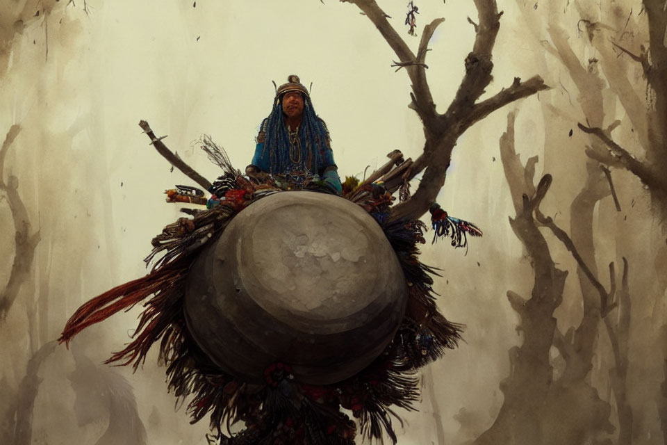 Colorful tribal attire figure on large spherical structure among leafless trees