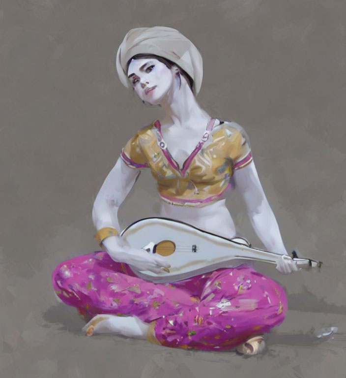 Person in Turban with Yellow Top & Pink Pants Playing Stringed Instrument