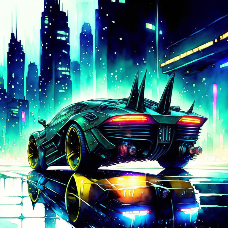 Futuristic Car with Glowing Lights in Neon Cityscape