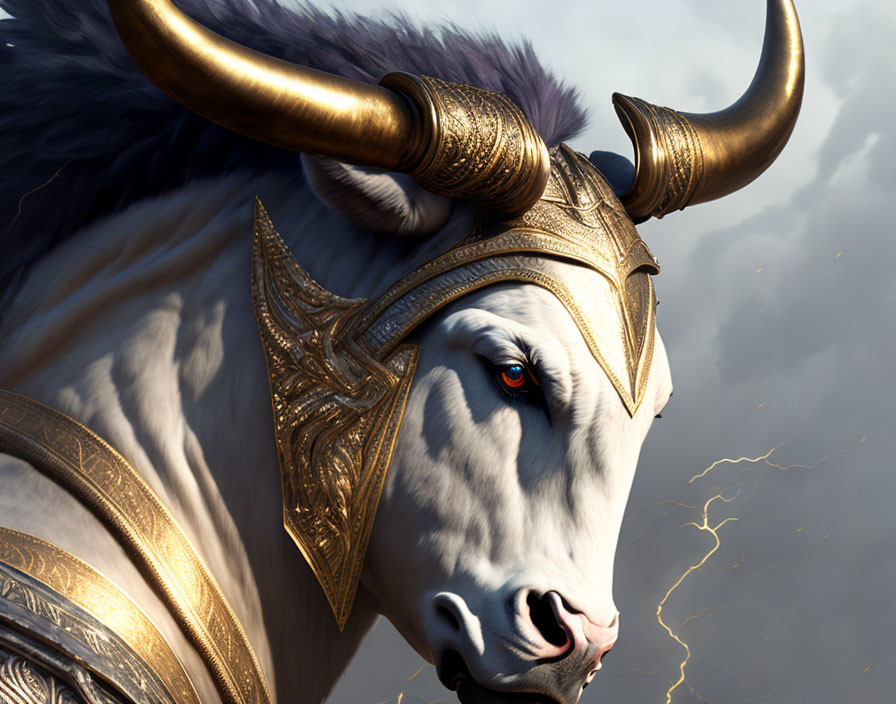 Majestic White Bull with Golden Horns in Metallic Armor against Stormy Sky