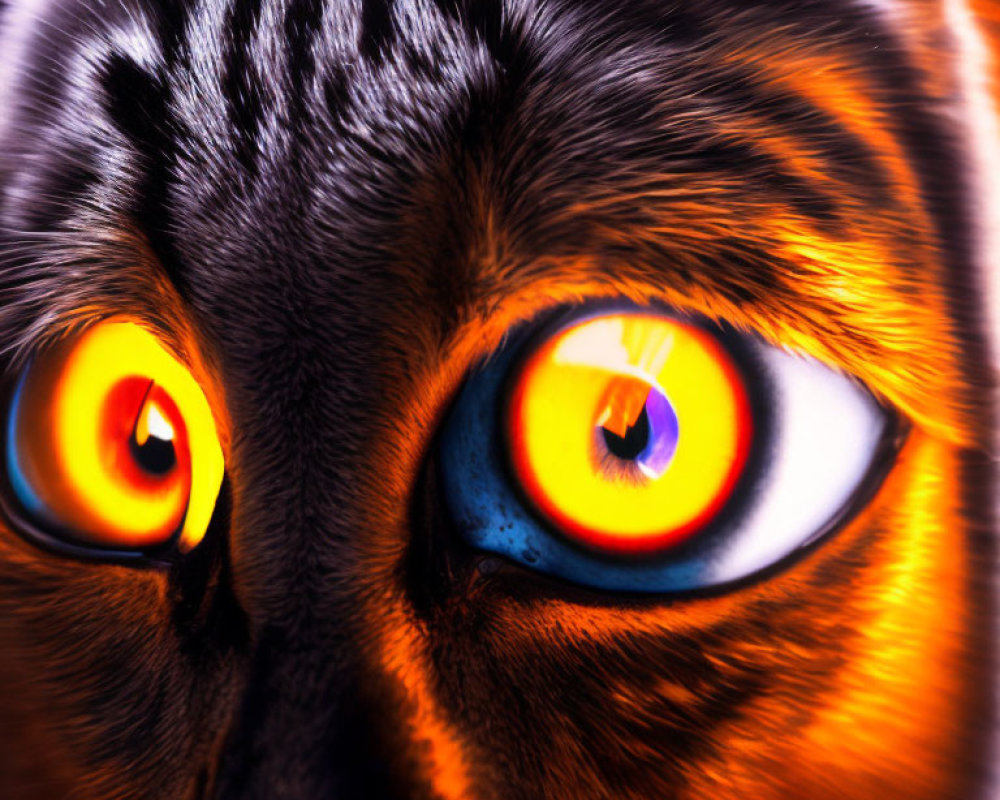 Intense yellow eyes of a cat in close-up with blue and orange gradient.