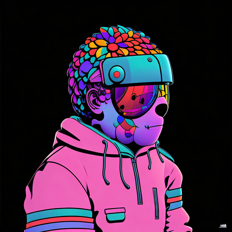 Colorful Hair Person in Virtual Reality Headset on Black Background