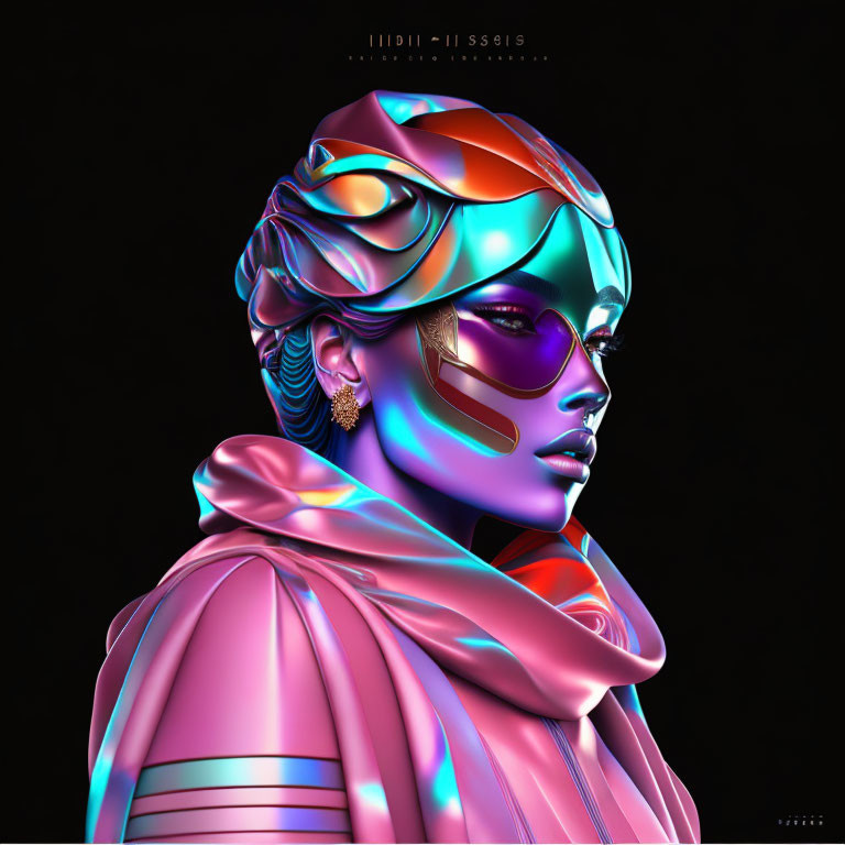 Colorful Metallic Woman with Headscarf and Visor on Dark Background