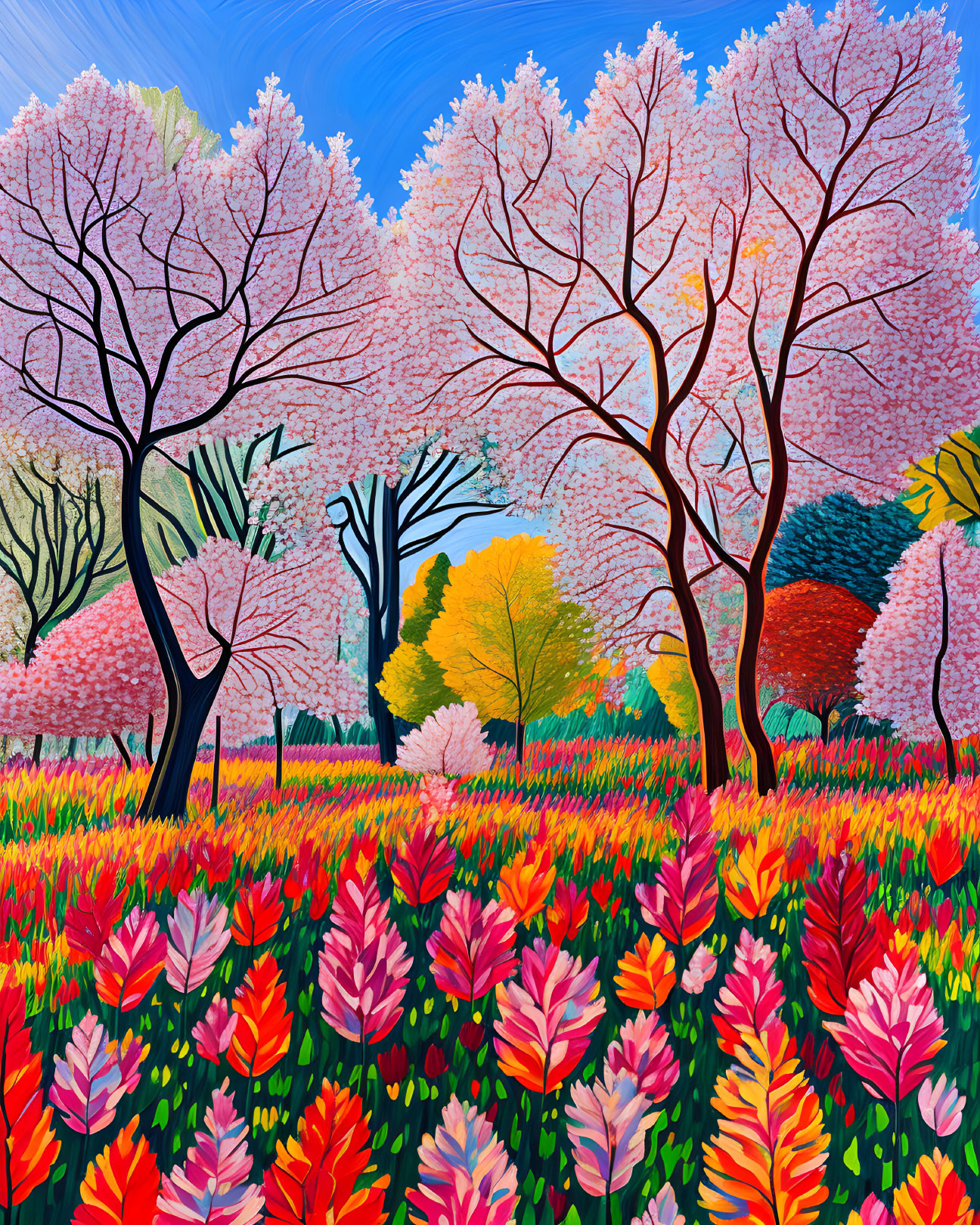 Colorful Blooming Garden Painting with Pink Trees and Blue Sky