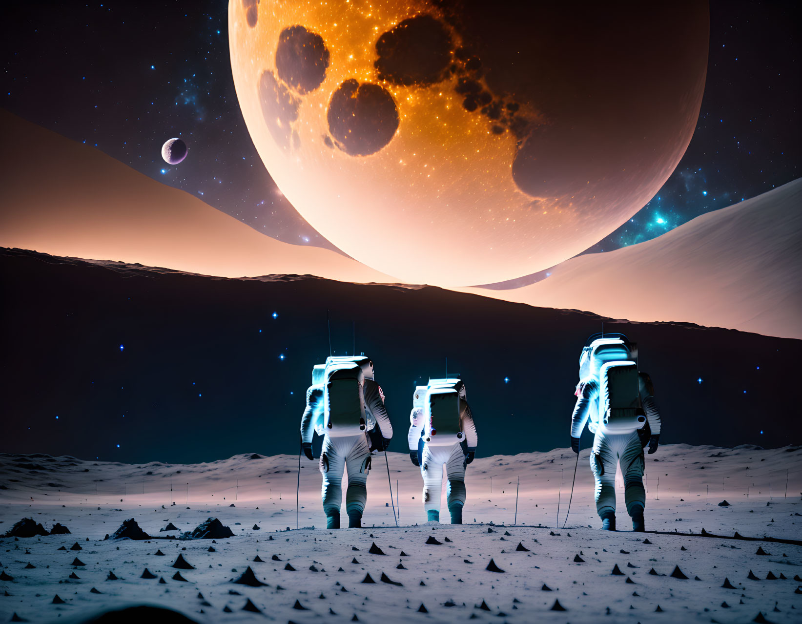 Three astronauts exploring alien planet with orange planet and moon.