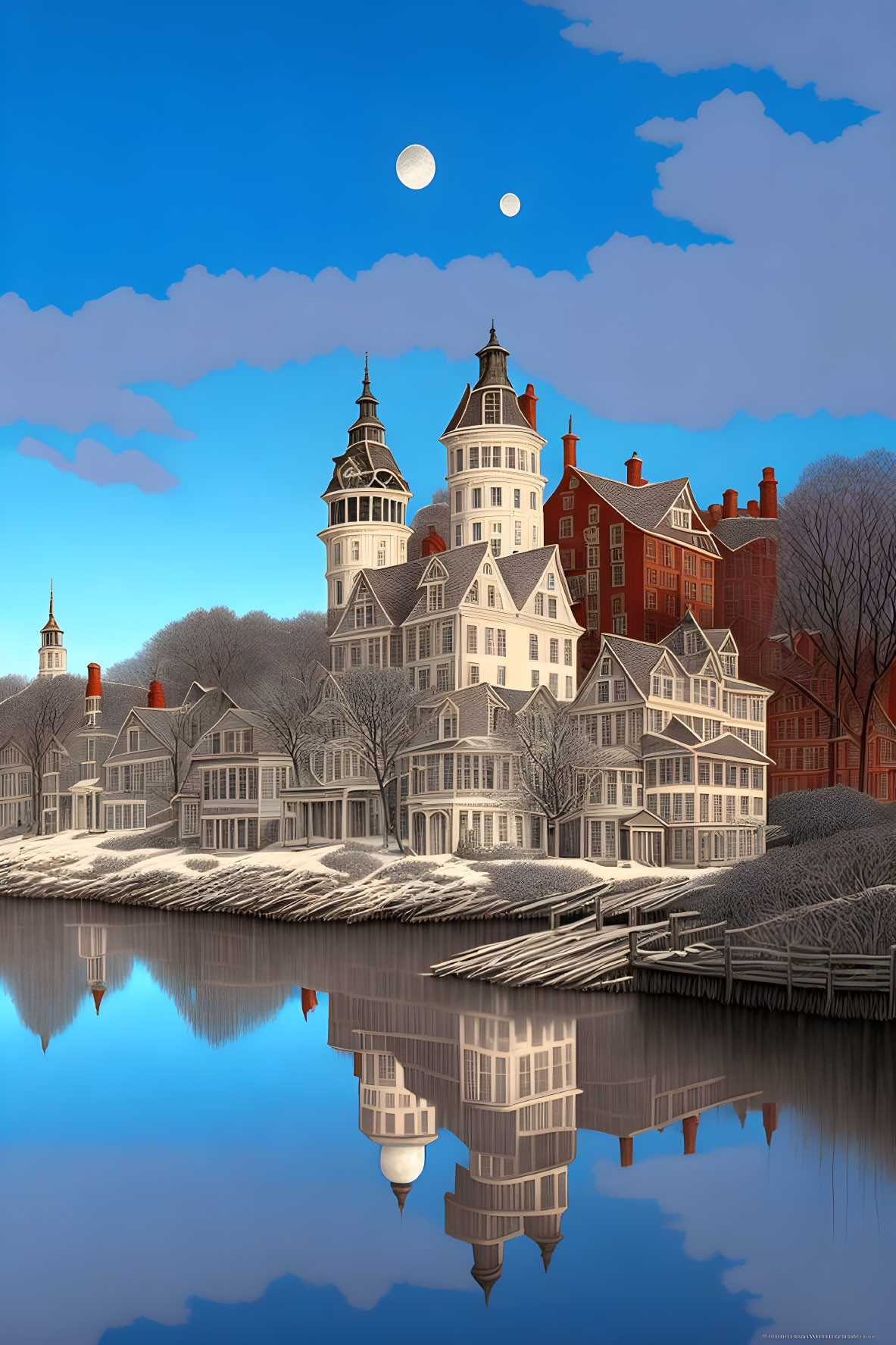 Victorian-style buildings reflected on tranquil water under a daytime moon.