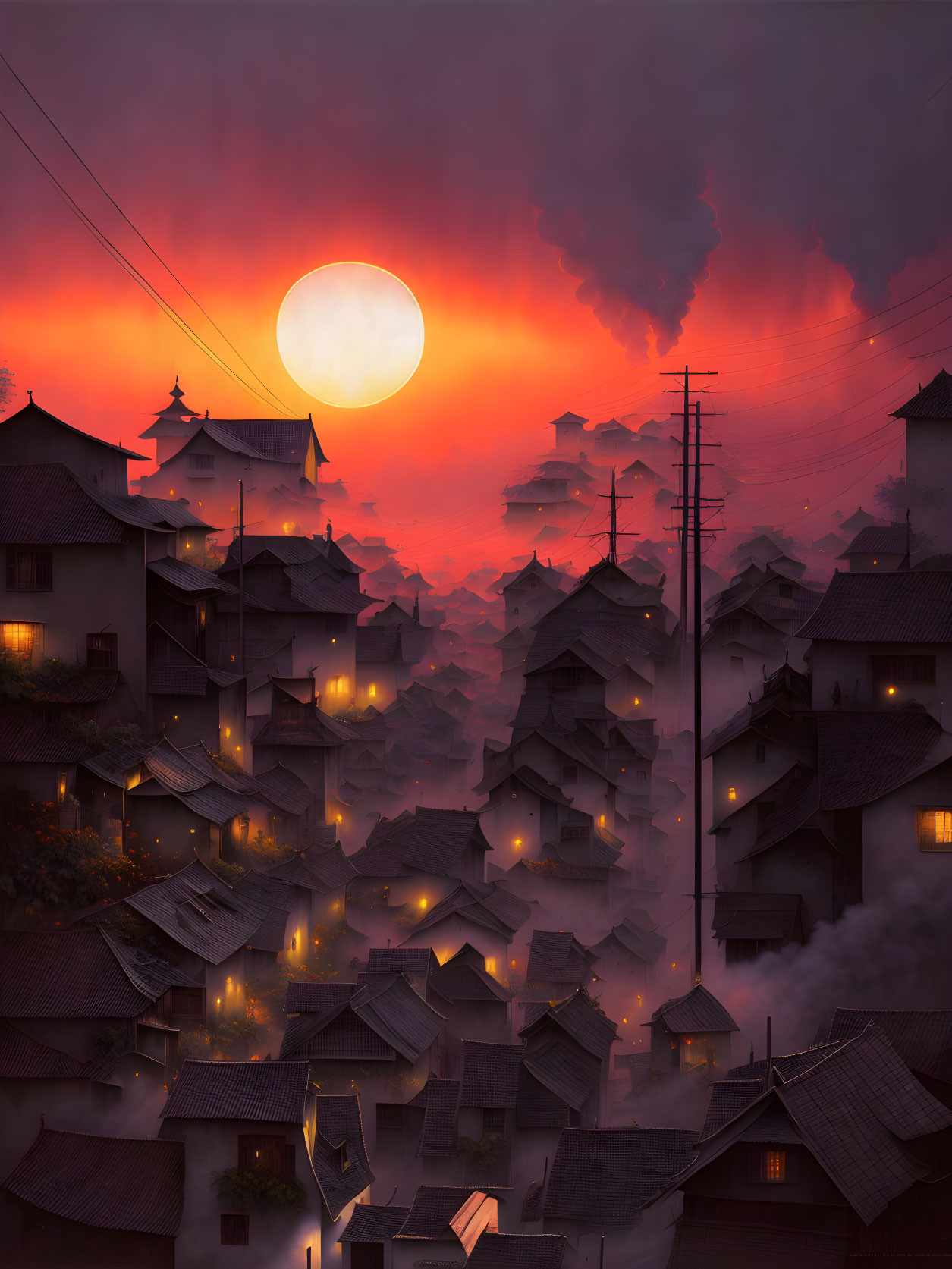 Traditional village at dusk: Misty houses, fiery sky, glowing moon